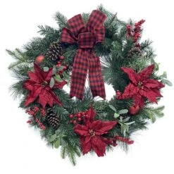Holiday Living Indoor Artificial Christmas Wreath Warm White LED Poinsettia And Ribbon 30-in
