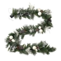 Holiday Living Indoor Pre-Lit White Ball Ornament And Pine Cone Christmas Garland Warm White LED 9-ft