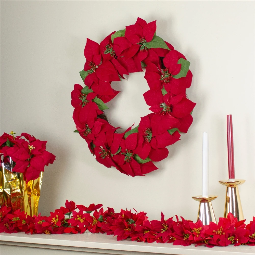 Northlight Red Artificial Poinsettia Flower Christmas Wreath - Unlit - 24-in 4 Northlight Red Artificial Poinsettia Flower Christmas Wreath - Unlit - 24-in - Image 2