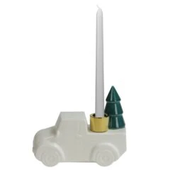 Northlight Ceramic Truck With Christmas Tree Taper Candlestick Holder - 6-in -White