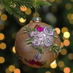Northlight Floral Applique Glass Christmas Ball Ornament - 4.5-in - Pink -Northlight Sales Store 330751635 AlternateImage3