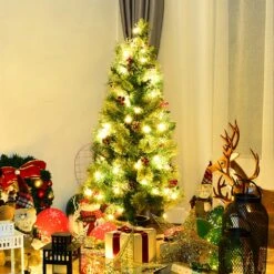 Costway 5-ft Pre-Lit Potted Slim Green Artificial Christmas Tree With 100 Constant Warm White LED Lights -Northlight Sales Store 330902818 AlternateImage2