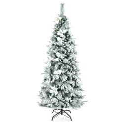 Costway 6-ft Snow-Flocked Artificial Christmas Tree With Berries And Poinsettia Flowers