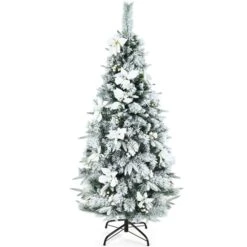 Costway 5-ft Snow-Flocked Artificial Christmas Tree With Berries And Poinsettia Flowers