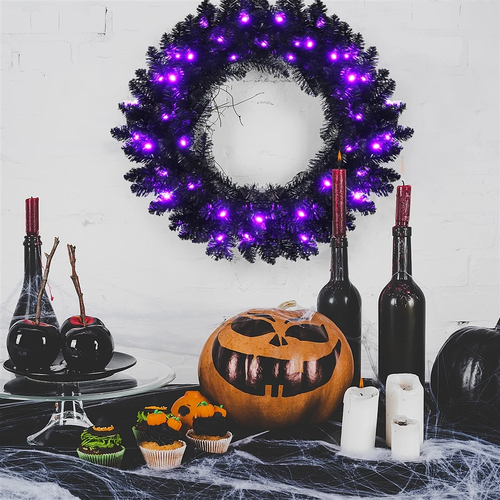 Costway 24-in Pre-lit Christmas Halloween Wreath Black With LED Lights 4 Costway 24-in Pre-lit Christmas Halloween Wreath Black With LED Lights - Image 2