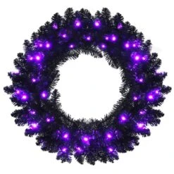 Costway 24-in Pre-lit Christmas Halloween Wreath Black With LED Lights