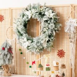 Costway 24-in Pre-lit Snowy Christmas Wreath With Berries Poinsettia Flowers Timer -Northlight Sales Store 330925718 AlternateImage4