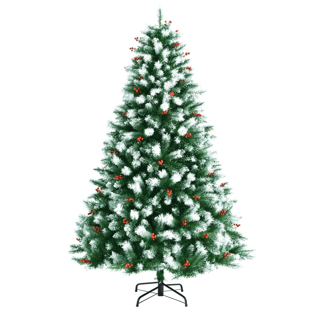 Costway 7-ft Unlit Hinged Artificial Christmas Tree With Snow Flocked Tips And Red Berries 6 Costway 7-ft Unlit Hinged Artificial Christmas Tree With Snow Flocked Tips And Red Berries - Image 4