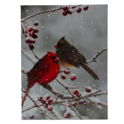 Northlight 15.75-in X 11.75-in Lighted Red Cardinals And Berries Christmas Canvas Wall Art