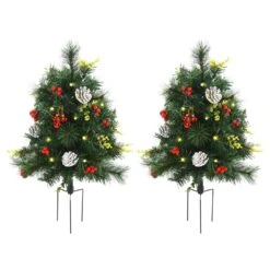 HomCom 2.5-ft Pre-Lit Leg Base Full Rightside-Up Green Artificial Christmas Tree With 24 Warm White LED Lights - Set Of 2