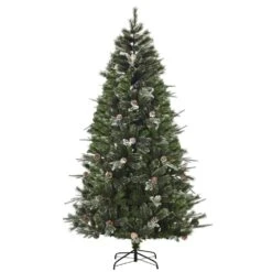 HomCom 7-ft Pine Tree Leg Base Full Rightside-Up Green Artificial Christmas Tree With Pinecones