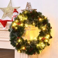Costway 24-in Pre-Lit Indoor/Outdoor Battery-Operated Green Berry Artificial Christmas Wreath With Warm White LED -Northlight Sales Store 331054222 AlternateImage2