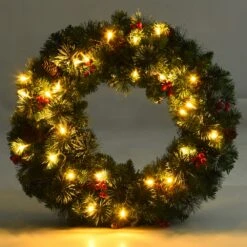 Costway 24-in Pre-Lit Indoor/Outdoor Battery-Operated Green Berry Artificial Christmas Wreath With Warm White LED -Northlight Sales Store 331054222 AlternateImage4