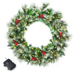 Costway 24-in Pre-Lit Indoor/Outdoor Battery-Operated Green Ornament Artificial Christmas Wreath With Warm White LED