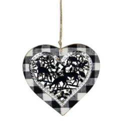Northlight 4.25-in Black And White Buffalo Plaid Heart With Reindeer Christmas Ornament