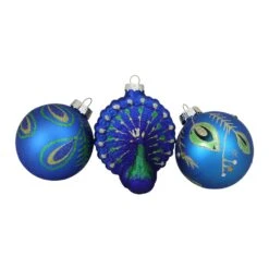 Northlight 3.75-in Royal Blue And Green Peacock Glass Christmas Ornaments - 3-Piece