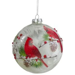 Northlight 4.5-in Red Cardinals And Pine Cones Glass Christmas Ornament