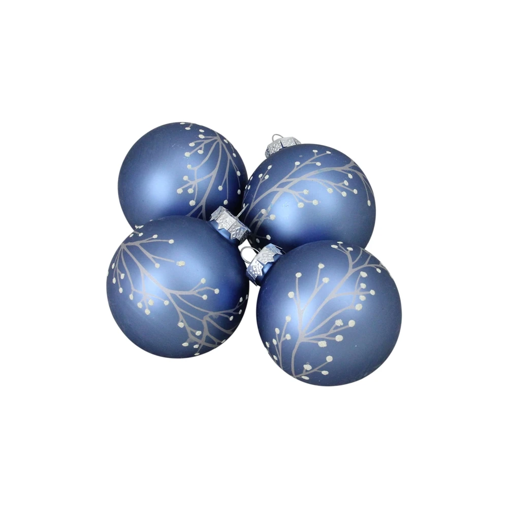 Northlight 2.5-in Matte Blue Branches Glass Ball Christmas Ornament - 4-Piece 3 Northlight 2.5-in Matte Blue Branches Glass Ball Christmas Ornament - 4-Piece