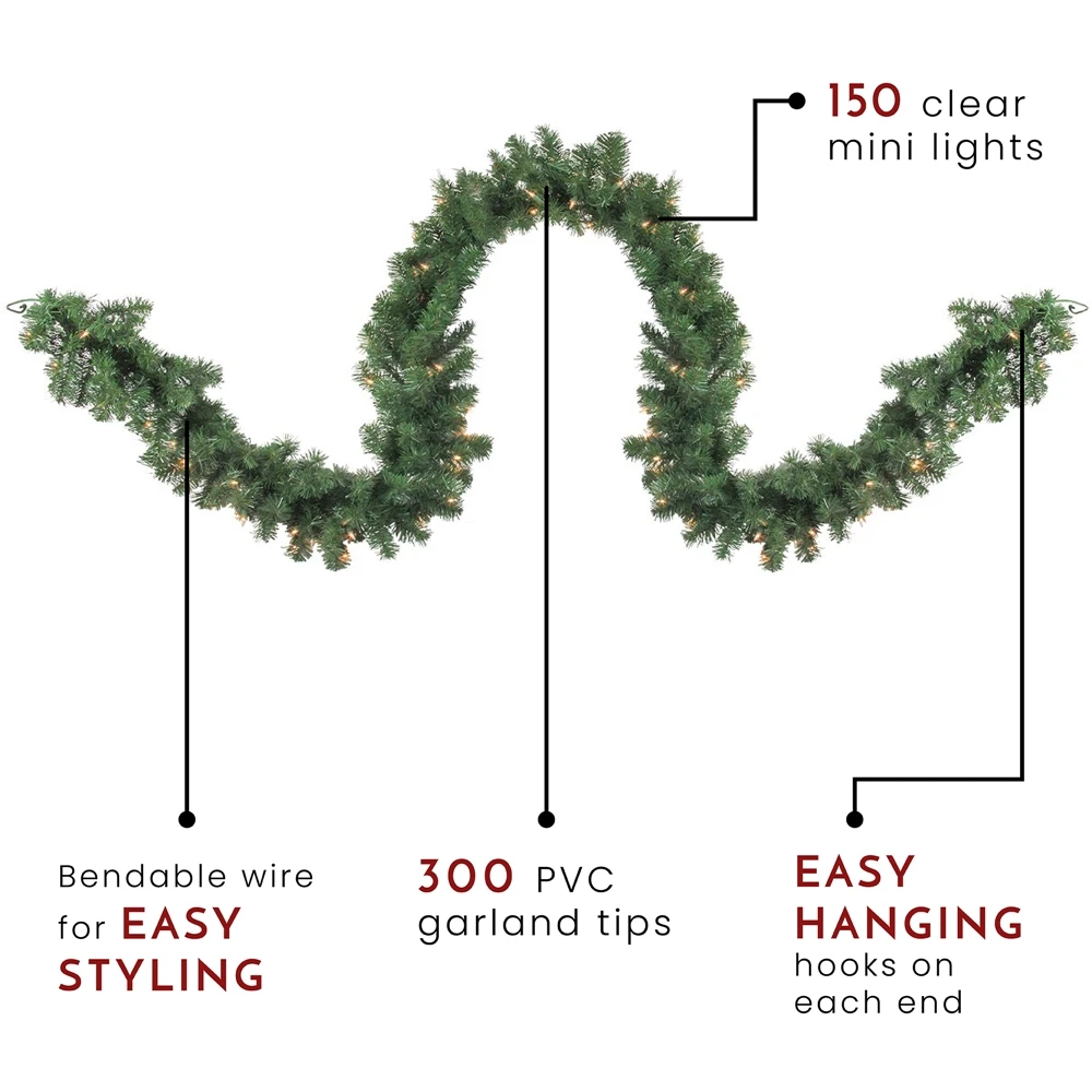 Northlight 9-ft X 18-in Pre-Lit Deluxe Windsor Green Pine Christmas Garland - Clear Lights 5 Northlight 9-ft X 18-in Pre-Lit Deluxe Windsor Green Pine Christmas Garland - Clear Lights - Image 3
