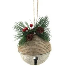 Northlight 5-in Green Rustic Pine Cone And Holly Berry Jingle Bell Christmas Ornament