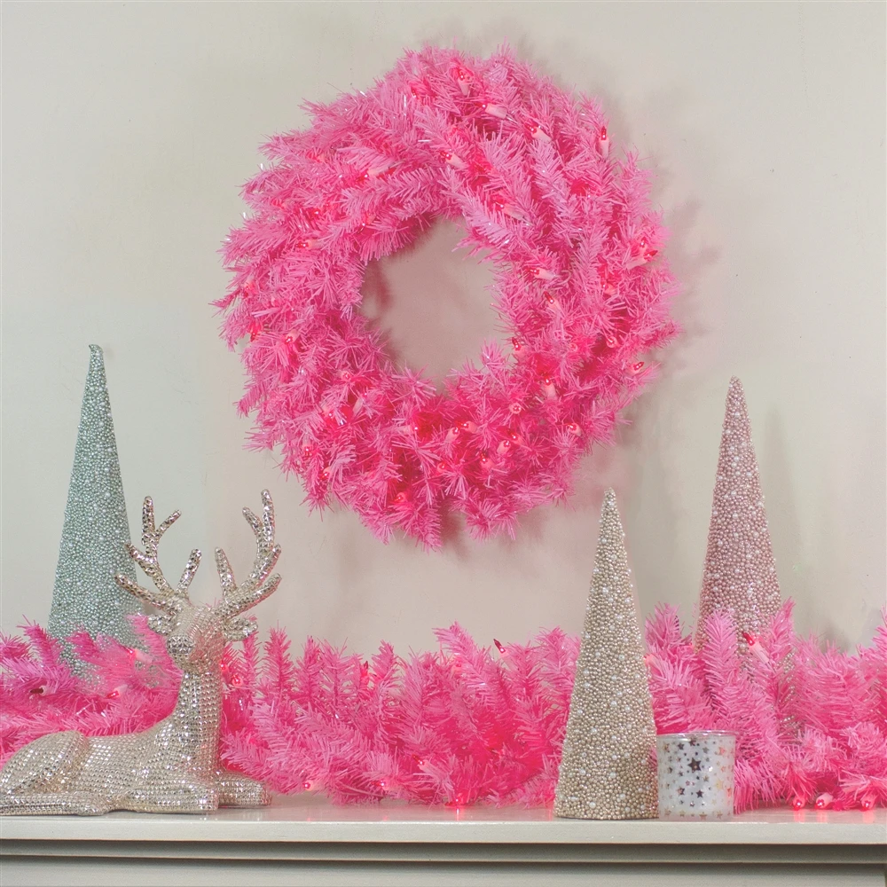 Northlight 36-in Pre-Lit Pink Spruce Artificial Christmas Wreath - Pink Lights 4 Northlight 36-in Pre-Lit Pink Spruce Artificial Christmas Wreath - Pink Lights - Image 2