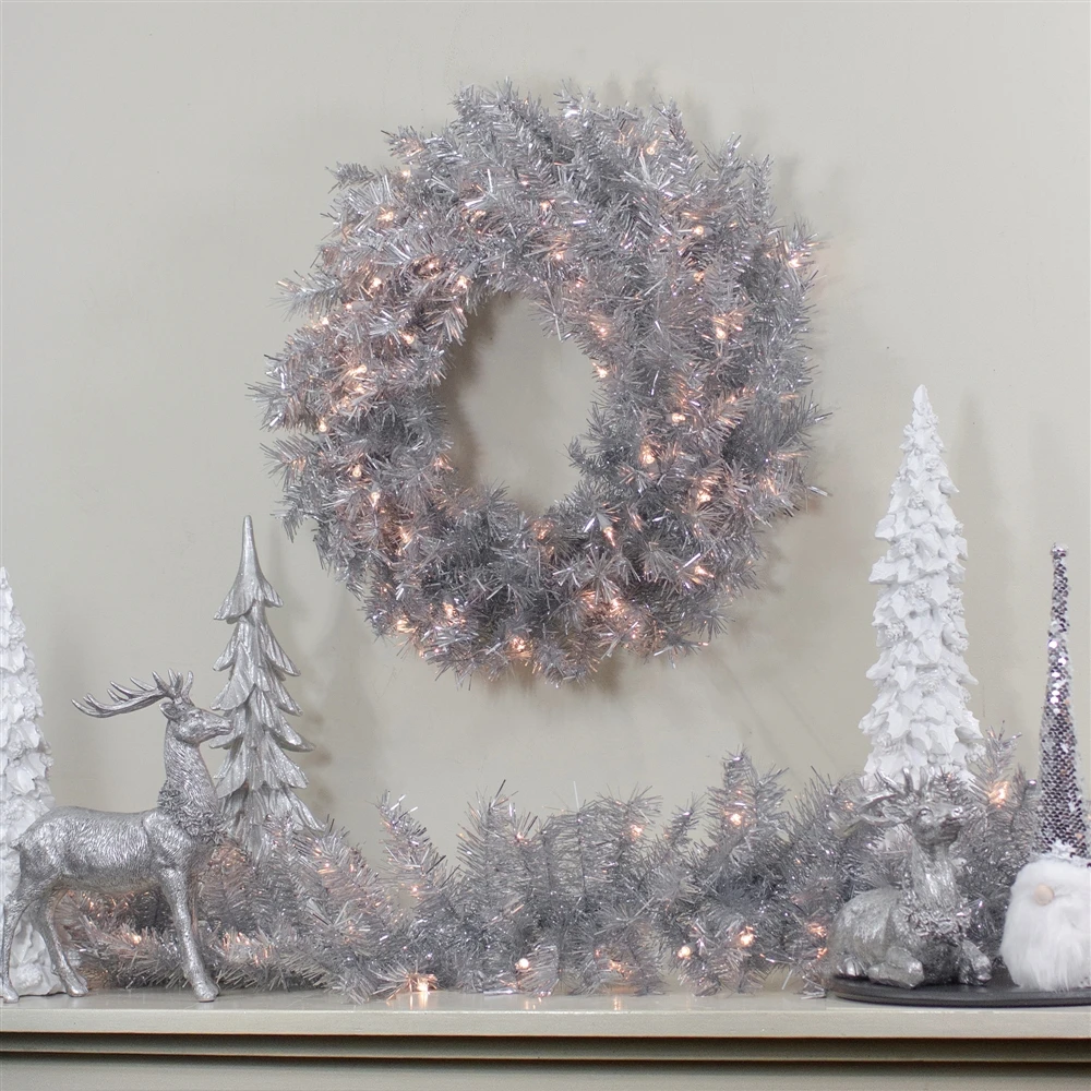 Northlight 24-in Silver Tinsel Artificial Christmas Wreath - Clear Lights 4 Northlight 24-in Silver Tinsel Artificial Christmas Wreath - Clear Lights - Image 2