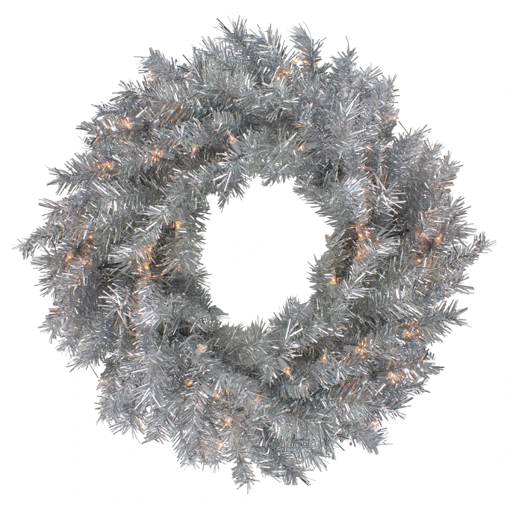 Northlight 24-in Silver Tinsel Artificial Christmas Wreath - Clear Lights 3 Northlight 24-in Silver Tinsel Artificial Christmas Wreath - Clear Lights
