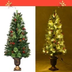 Costway 3-ft Pre-Lit Christmas Entrance Tree In Urn With 40 LED Light Red Berries Pine Cone -Northlight Sales Store 331060051 AlternateImage4
