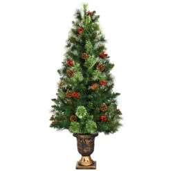 Costway 3-ft Pre-Lit Christmas Entrance Tree In Urn With 40 LED Light Red Berries Pine Cone
