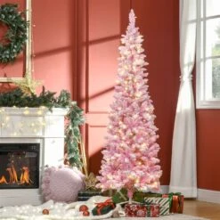 HOMCOM 6-Ft Pencil Snow Artificial Christmas Tree With LED Light - Pink 8 HOMCOM 6-Ft Pencil Snow Artificial Christmas Tree With LED Light - Pink -Northlight Sales Store 331061749 AlternateImage1