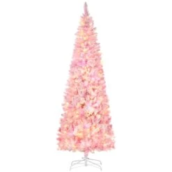 HomCom 7.5-ft Leg Base Flocked Pink Artificial Christmas Tree With LED Lights