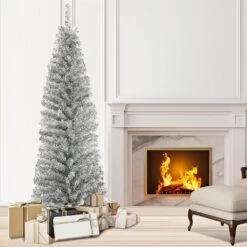 Costway 6-ft Silver Tinsel Tree Unlit Slim Pencil Christmas Tree With Metal Stand Home Decor -Northlight Sales Store 331065157 AlternateImage2
