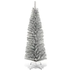 Costway 6-ft Silver Tinsel Tree Unlit Slim Pencil Christmas Tree With Metal Stand Home Decor