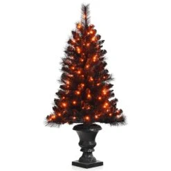 Costway 4-ft Pre-Lit Black Christmas Entrances Tree Potted Xmas With 100 Orange LED Lights
