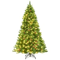 Costway 6.5-ft Pre-Lit Hinged Christmas Tree With Pine Cones Red Berries And 450 LED Lights
