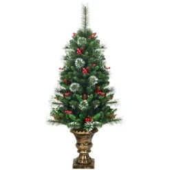 Costway 4 -ft Snowy Christmas Entrance Tree With Pine Cones Red Berries And Glitter Branches
