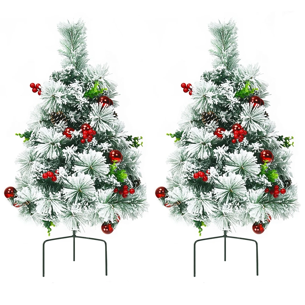 Costway 24-in Battery Powered Pre-Lit Pathway Flocked Christmas Trees Outdoor - Set Of 2 3 Costway 24-in Battery Powered Pre-Lit Pathway Flocked Christmas Trees Outdoor - Set Of 2