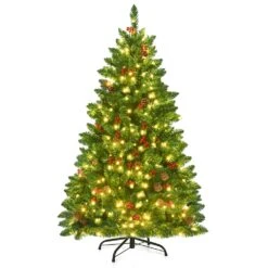 Costway 4.5-ft Pre-Lit Hinged Christmas Tree With Pine Cones Red Berries And 300 LED Lights