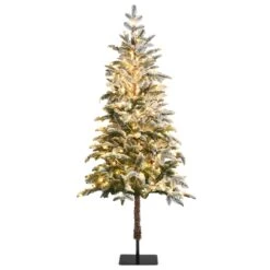 Costway 6-ft Pre-lit Flat Base Slim Flocked White Artificial Christmas Tree With 250 Warm White LED Lights