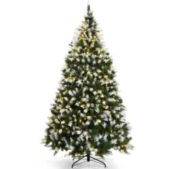 Costway 7.5-ft Pre-lit Full Flocked Green Artificial Christmas Tree With 550 Warm White LED Lights With 1398 Tips