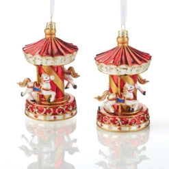 Holiday Living Set Of 2 Christmas Ornements Carousel Gold And Red