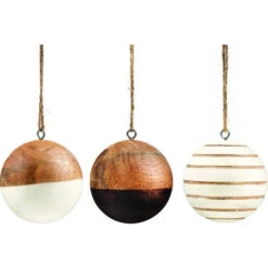 Holiday Living 3-In Hanging White Christmas Ornaments With Natural Wood - 3/Bx